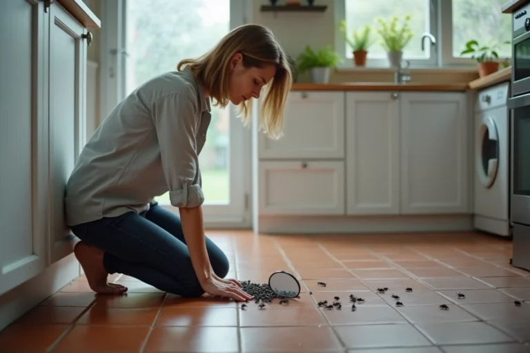Femme examinant des petits insectes noirs apparus dans sa cuisine après une pluie d'orage