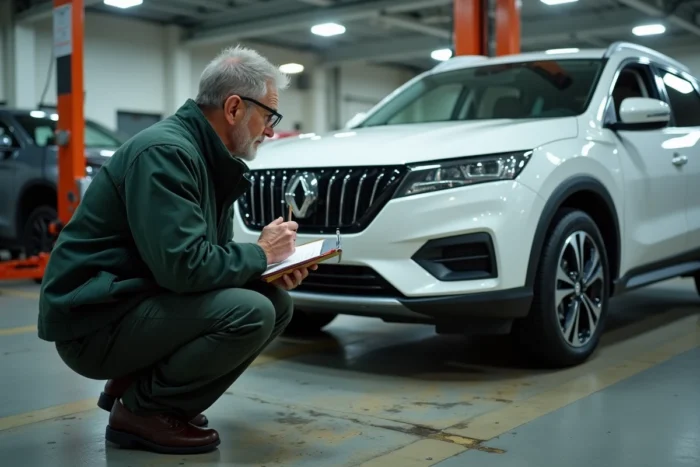 Homme inspectant le sticker de contrôle technique sur le pare-brise d'un SUV dans un centre de contrôle automobile
