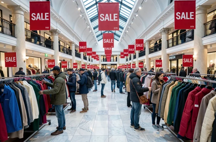 Intérieur d'un grand magasin londonien avec des promotions et des clients pendant les soldes