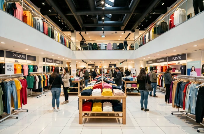 Intérieur d'un magasin Primark à Paris avec plusieurs rayons de vêtements colorés et des clients faisant leurs achats