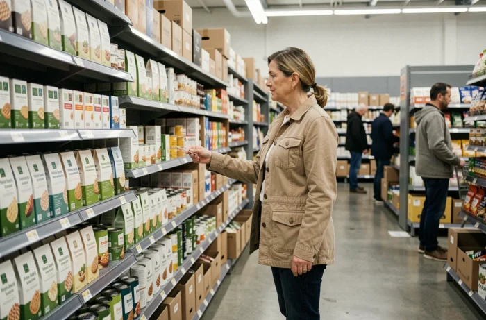 Cliente parcourant les rayons d'un supermarché Aldi avec des produits en emballage simple dans une allée étroite