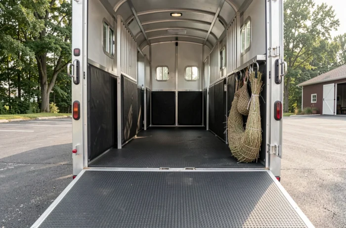Intérieur d'une remorque à chevaux professionnelle avec tapis antidérapants, parois rembourrées et anneaux d'attache en inox