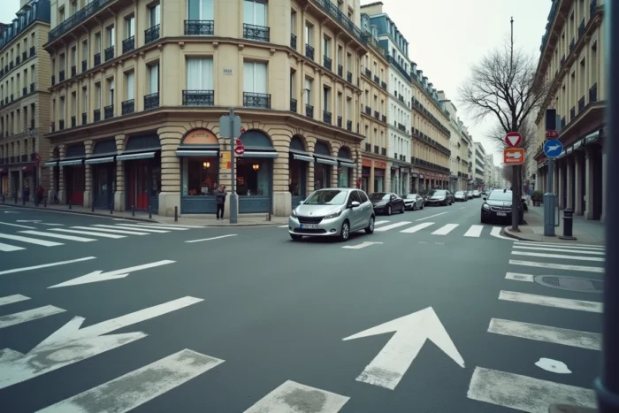 Intersection urbaine française avec marquages au sol et panneaux de signalisation indiquant les règles de priorité pour tourner à gauche