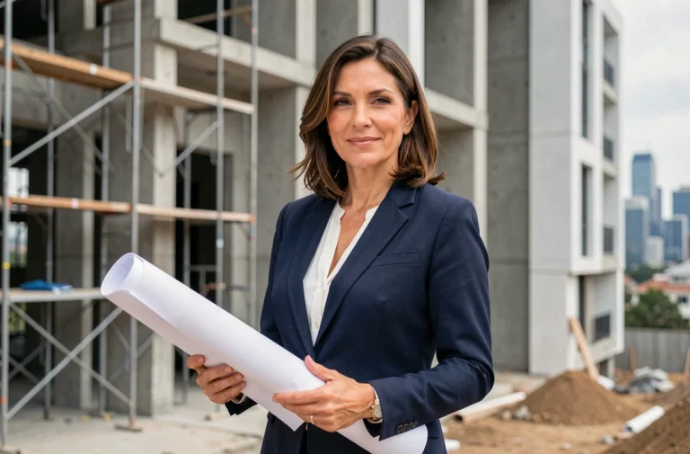 Femme investisseure immobilière tenant des plans architecturaux devant un immeuble résidentiel moderne en construction dans un cadre urbain