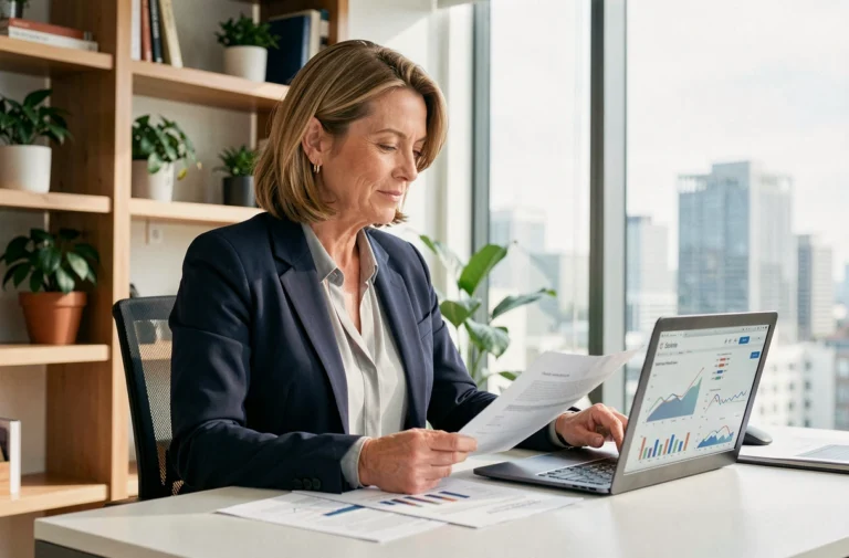 Femme investisseuse immobilière analysant des documents et données financières dans un bureau moderne avec vue sur la ville