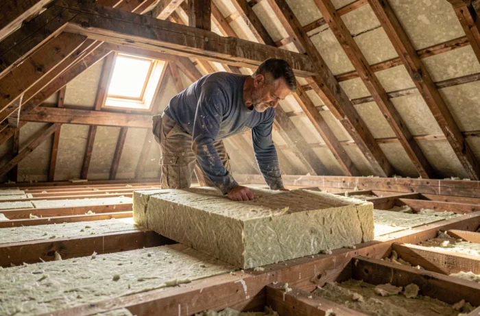 Pose de laine minérale pour l'isolation thermique des combles perdus d'une maison française