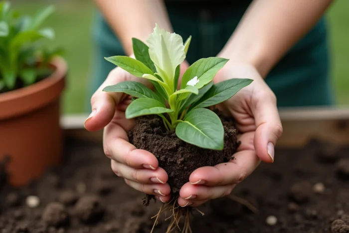 Mains de jardinier tenant une pensée avec des feuilles blanches et chlorotiques extraite du sol
