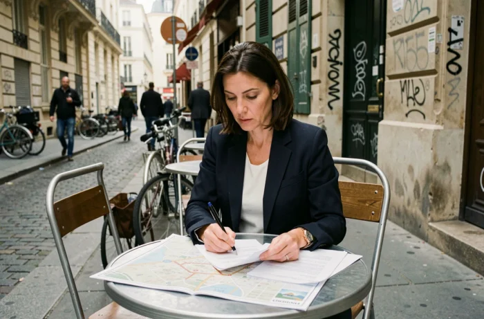 Journaliste analysant une carte imprimée des quartiers sensibles français en terrasse de café dans un quartier urbain authentique