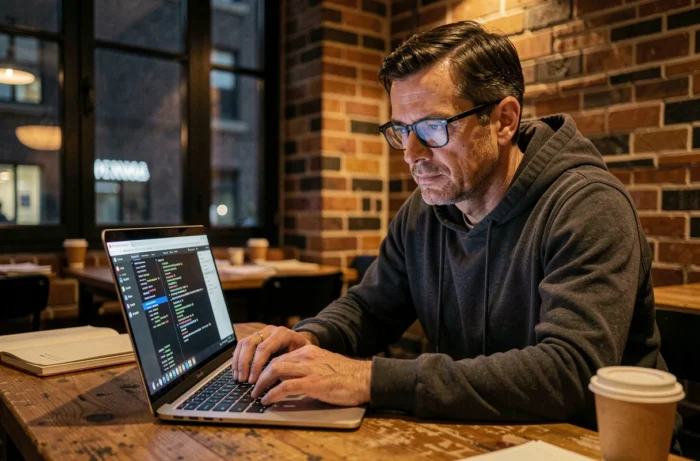 Journaliste d'investigation masculin travaillant tard sur un laptop avec des données chiffrées dans un espace de coworking