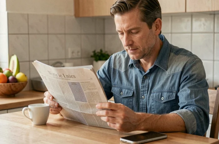 Homme lisant un journal papier en limitant ses consultations d'information