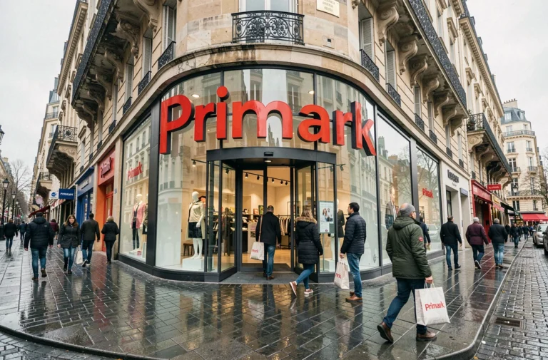 Façade d'un magasin Primark à Paris avec devanture en verre et enseigne rouge, clients entrant et sortant sur un boulevard parisien