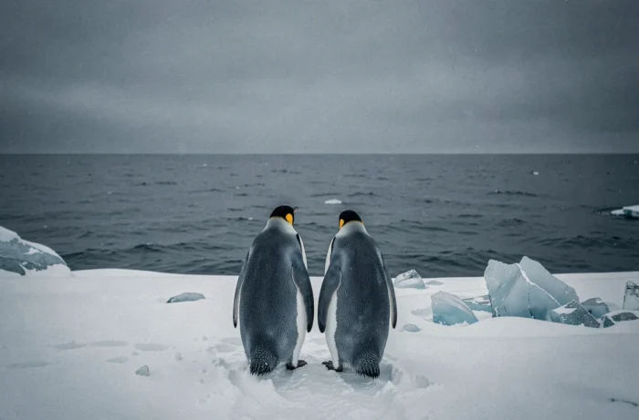 Deux manchots empereurs de dos face à l'océan Antarctique, plage de glace et ciel dramatique, photographie grand angle minimaliste polaire
