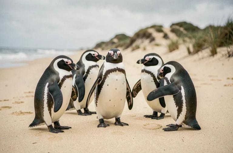 Groupe de manchots de Magellan debout sur une plage de sable doré, se regardant avec curiosité, photographie naturaliste grand angle au ras du sol