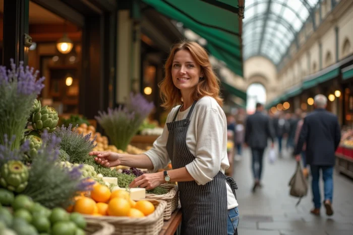 Marchande de produits frais dans un marché couvert parisien du XIXe siècle avec une architecture en fer forgé et verre