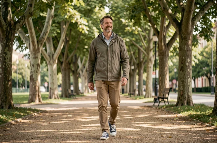 Homme marchant seul sur un chemin arboré sans objectif sportif