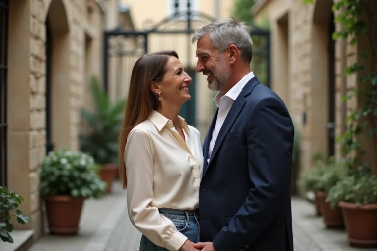 Couple élégant dans une cour parisienne illustrant un mariage discret et intime