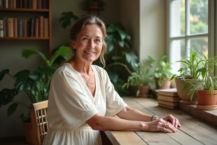 Femme mature en robe crème assise dans un salon de lecture lumineux entouré de plantes, symbolisant la vie privée et le quotidien de l'ex-épouse de Michael Landon