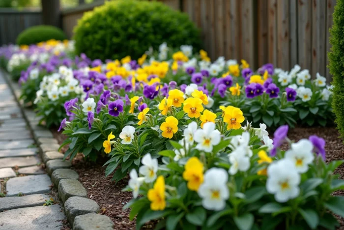 Massif de pensées colorées dans un jardin résidentiel avec plusieurs plantes présentant des feuilles blanches anormales