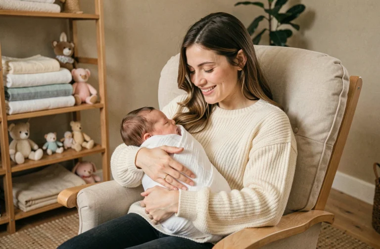 Jeune mère tenant son nouveau-né dans ses bras dans une chambre de bébé décorée avec soin, ambiance douce et familiale