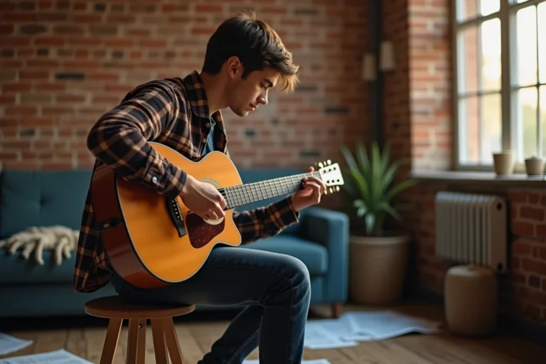 Jeune musicien jouant de la guitare acoustique dans un appartement vintage aux murs en briques, évoquant l'univers artistique de Michael Galeotti