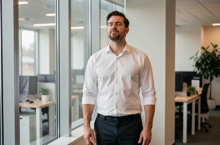 Homme faisant une micro-pause sans écran près d'une fenêtre de bureau