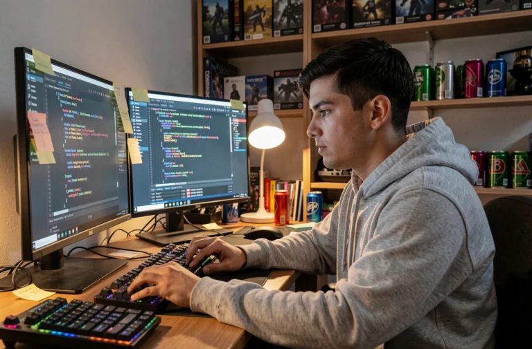Jeune moddeur de jeux vidéo concentré devant ses écrans en train de coder une modification sur la plateforme Rikmod