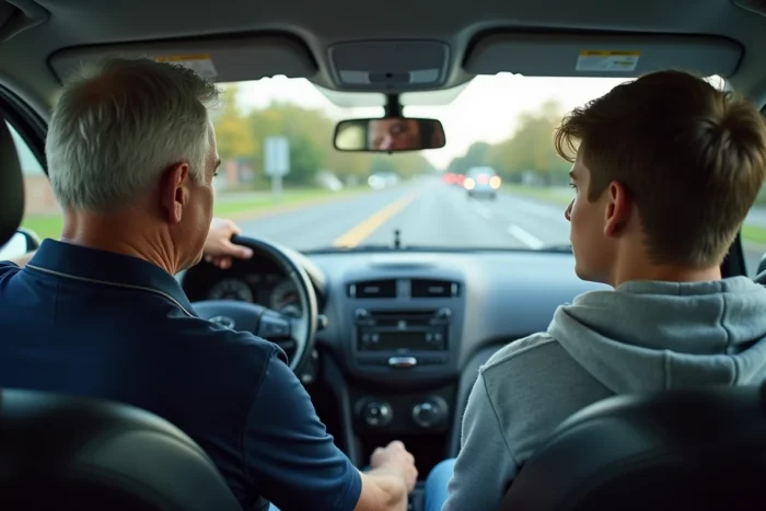 Moniteur d'auto-école expliquant les règles de priorité pour tourner à gauche à un jeune conducteur en leçon de conduite