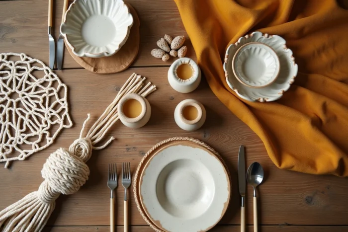 Plateau de décoration artisanale avec macramé, céramiques peintes à la main et bougies en cire d'abeille sur une table en bois rustique