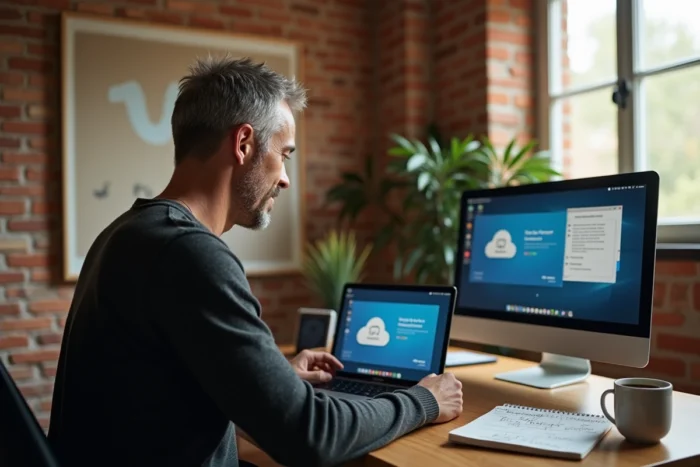 Homme gérant ses informations personnelles en ligne depuis un bureau à domicile avec laptop et tablette