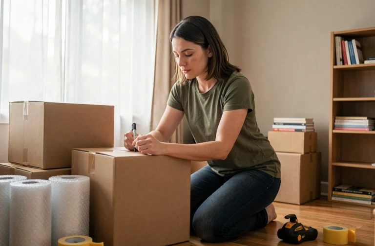 Femme organisant et étiquetant des cartons de déménagement dans un salon partiellement emballé
