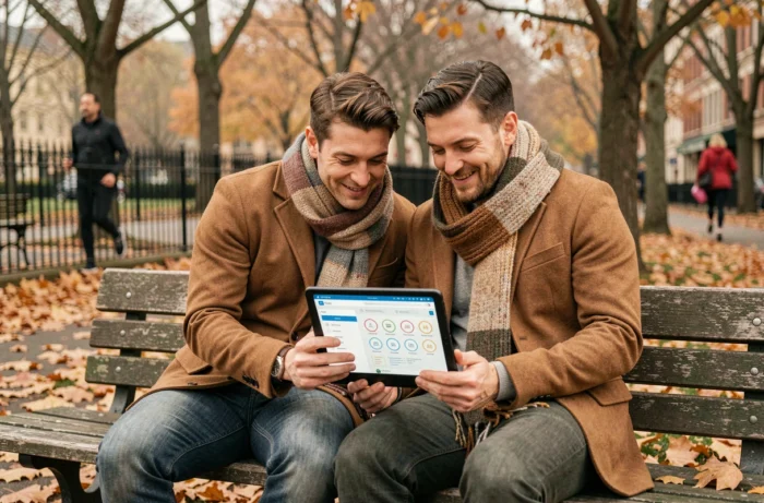 Couple de parents consultant ensemble un tableau de bord de coaching parental sur une tablette dans un parc en automne