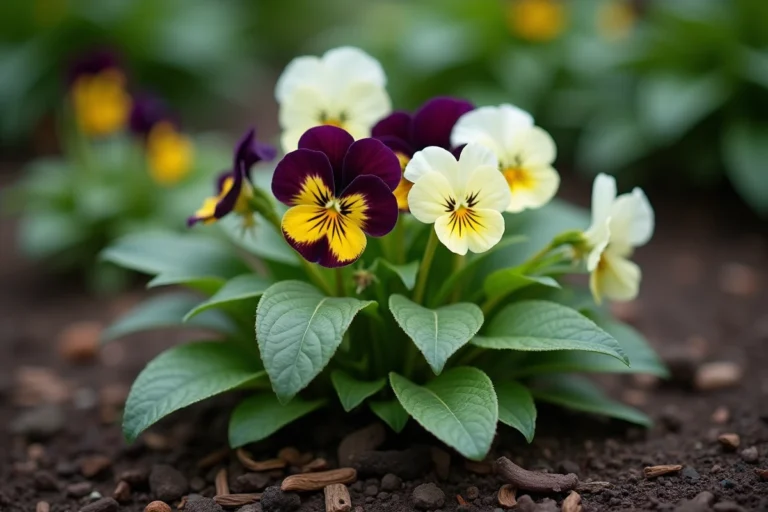 Pensées violettes et jaunes avec feuilles blanches inhabituelles dans un massif de jardin, détail botanique macro