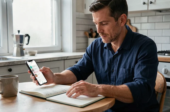 Père consultant une application de coaching parental sur son smartphone à la table de cuisine avec un carnet de notes ouvert