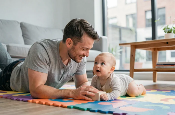 Père jouant avec son bébé sur un tapis d'éveil pendant la séance de tummy time dans un salon moderne et épuré