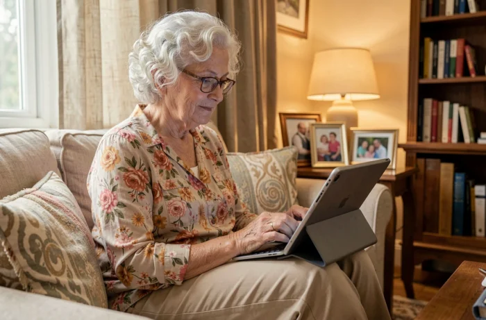 Une femme âgée utilise une tablette pour accéder aux services d'information seniors en ligne depuis son domicile, montrant la facilité d'accès numérique aux aides pour personnes âgées