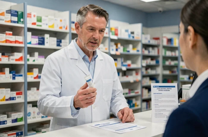 Pharmacien expliquant les instructions d'utilisation d'une pommade dermatologique au comptoir d'une pharmacie