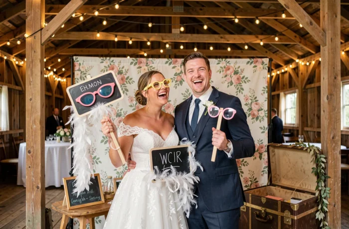 Mariés posant avec des accessoires rigolos dans un photobooth rustique installé dans une grange décorée de guirlandes lumineuses