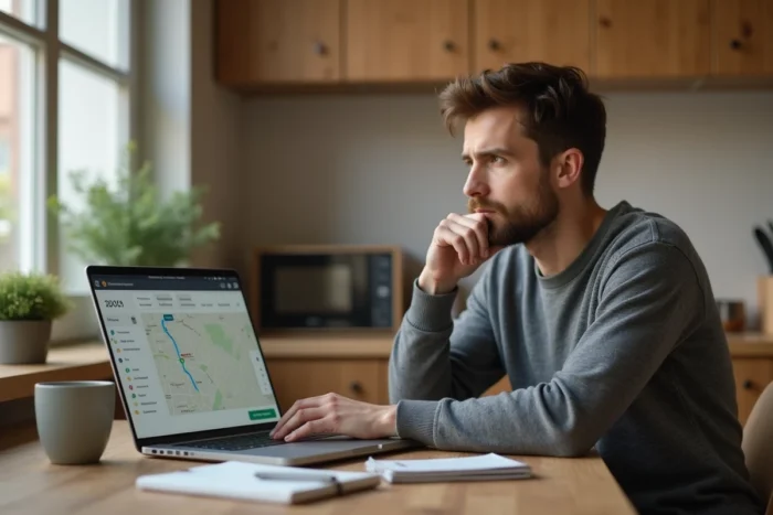 Homme planifiant ses trajets de covoiturage sur BlaBlaCar depuis son ordinateur portable à la maison