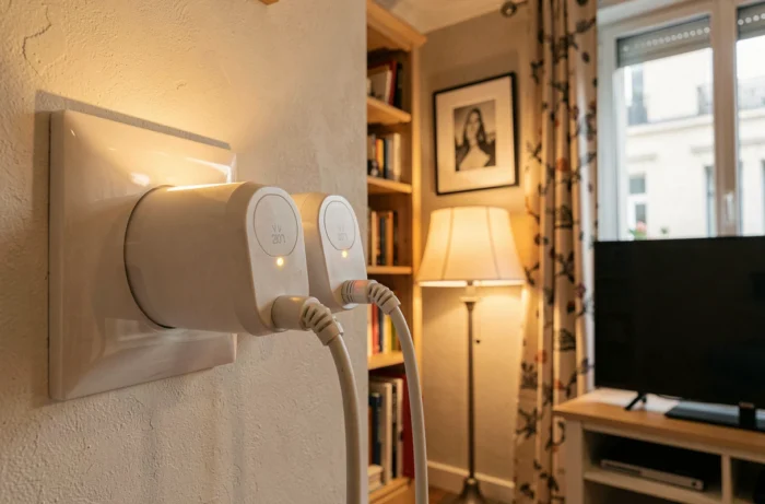 Prises connectées simulant une présence à domicile en activant une lampe et une télévision