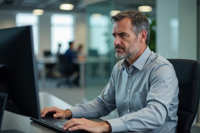 Homme face à un problème de connexion sur son ordinateur de bureau au bureau