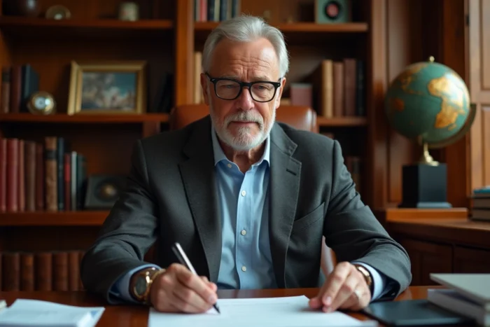 Homme d'affaires expérimenté assis à son bureau dans un bureau privé luxueux avec disques d'or au mur, symbolisant la réussite et le patrimoine d'un producteur musical américain de renom