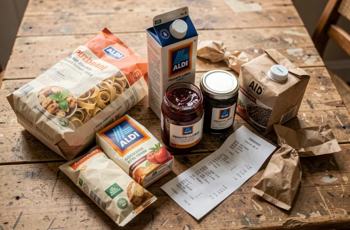 Produits alimentaires de marque distributeur Aldi disposés sur une table en bois avec un ticket de caisse, vue de dessus