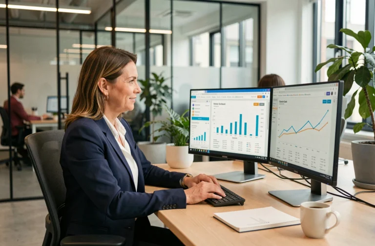 Professionnelle en blazer marine analysant des tableaux de bord de ventes B2B sur des écrans doubles dans un bureau moderne