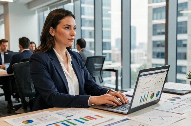 Une professionnelle du marketing digital analysant des tableaux de bord et des rapports de tendances 2024 dans un bureau moderne et lumineux