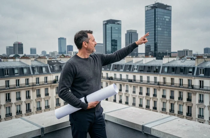 Promoteur immobilier sur une terrasse urbaine contemplant la skyline d'une grande ville avec des plans architecturaux, symbolisant les nouvelles tendances du marché immobilier en 2024