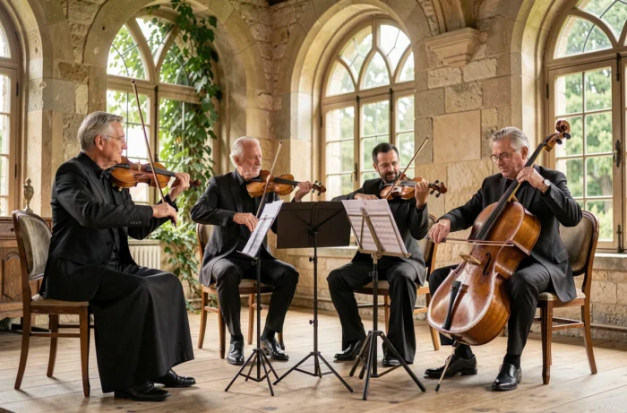 Quatuor à cordes jouant dans un château en pierre lors d'un anniversaire de mariage de 50 ans