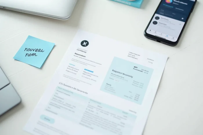 Vue de dessus d'un bureau avec cartes de visite, facture et smartphone montrant un profil d'entreprise lors d'un rebranding