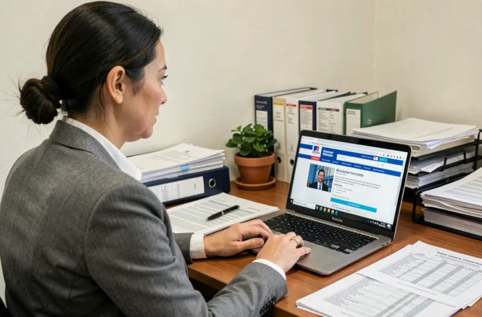 Avocate ou comptable recherchant des entreprises en liquidation sur le registre officiel français depuis son bureau