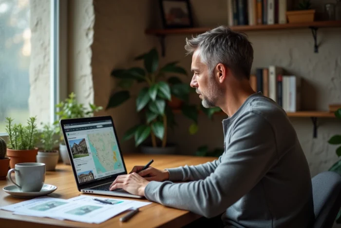 Homme recherchant des biens immobiliers en ligne sur un ordinateur portable avec des annonces et une carte régionale affichées