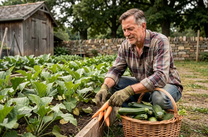 Homme récoltant des courgettes et carottes dans un jardin potager en pleine terre avec panier en osier